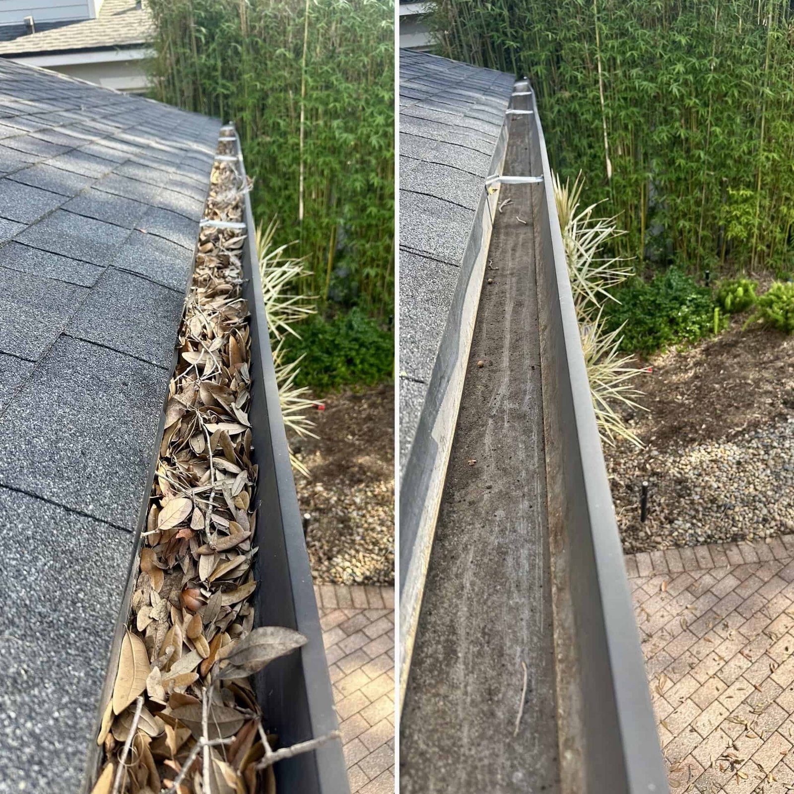 Technician performing Gutter Cleaning Service beside a Doctor Phillips - FL home while flushing a downspout