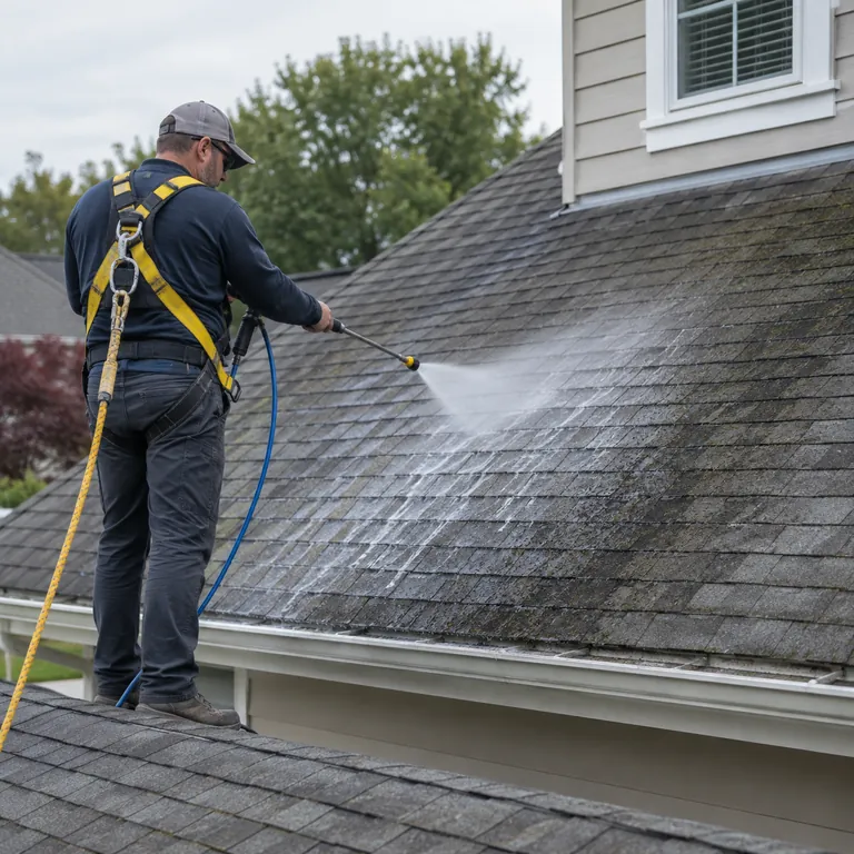 Soft Washing in Orlando - FL underway as a technician cleans algae from a home's exterior wall