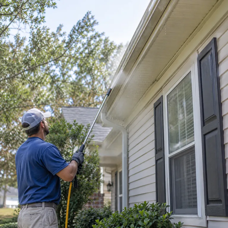 Technician performing soft washing on an Orlando - FL stucco exterior with controlled low-pressure equipment
