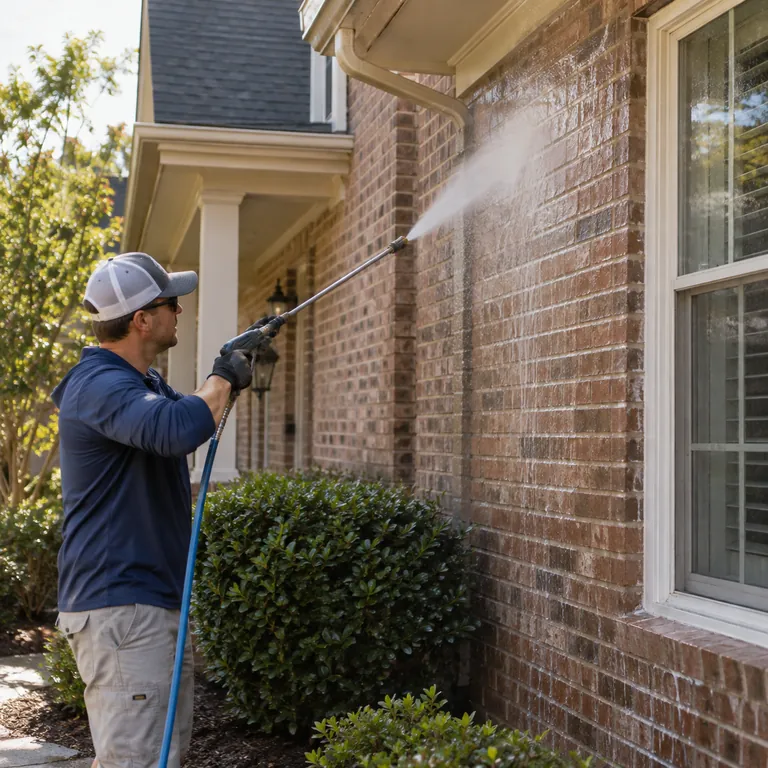 Soft Washing in Maitland - FL underway as a technician cleans algae from a home's exterior wall, Soft Washing in Longwood - FL underway as a technician cleans algae from a stucco wall beside shrubs, Technician performing Soft Washing on a stained exterior wall at a Casselberry - FL home