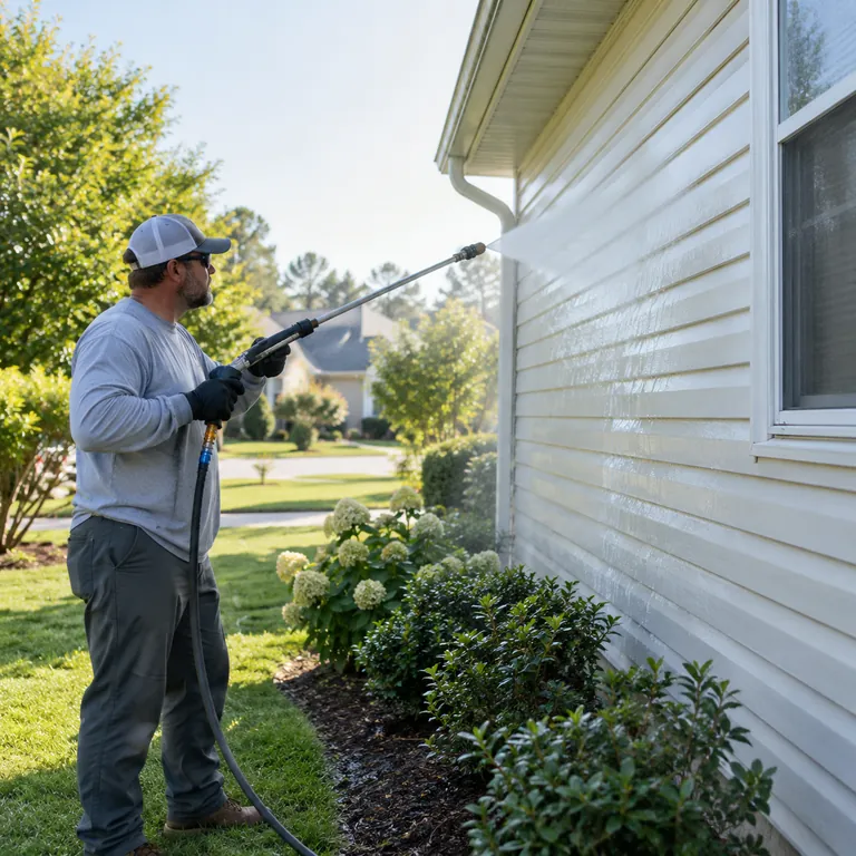Soft Washing in College Park - FL underway as a technician cleans algae from shaded home siding, Technician performing Soft Washing on a shaded exterior wall at a Belle Isle - FL residence, Technician applying Soft Washing solution to exterior siding at an Oviedo - FL home with careful surface control