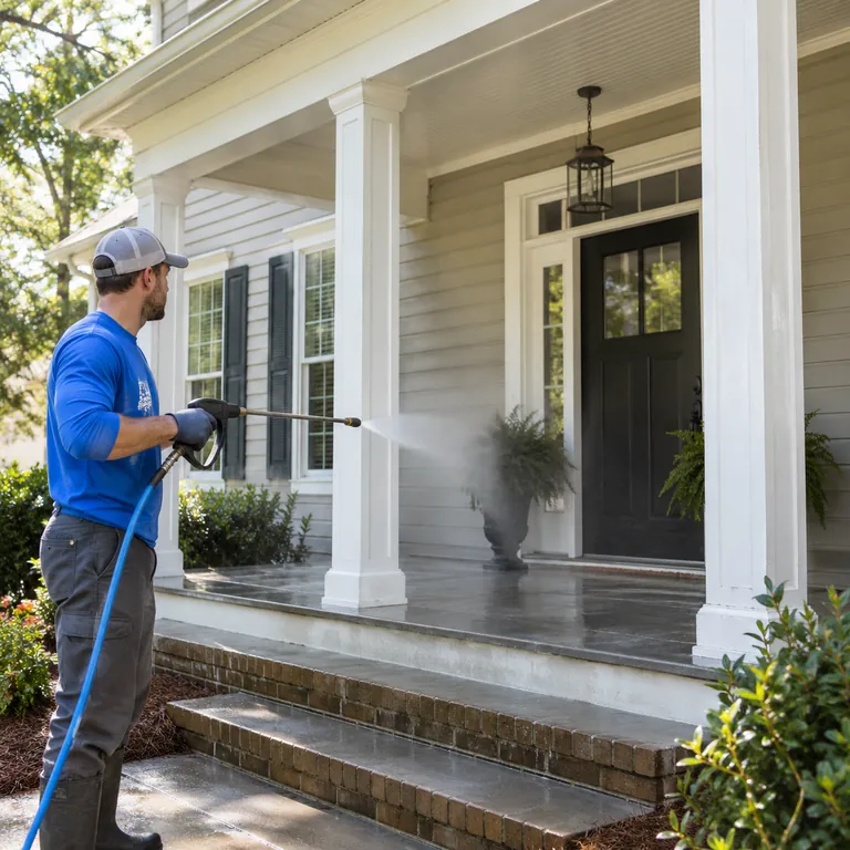Soft Washing in Windermere - FL in progress as a technician cleans mildew from a stucco entry wall, Soft Washing in Altamonte Springs - FL underway as a technician cleans algae from stucco near a front entry