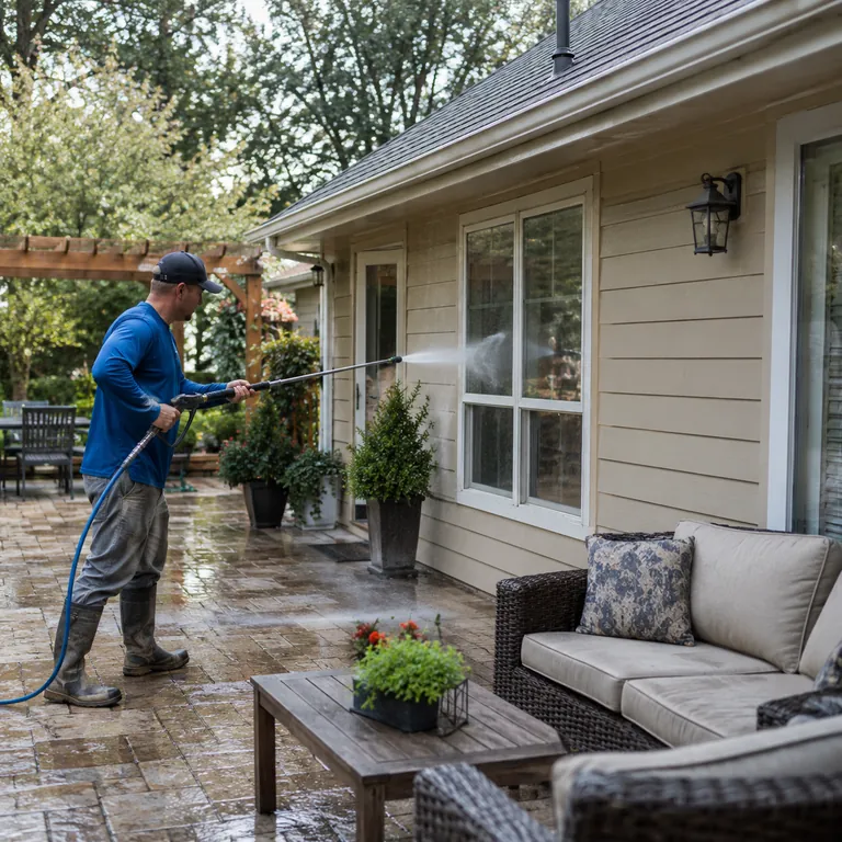 Soft Washing in Winter Park - FL underway as a technician cleans algae from a painted garden wall
