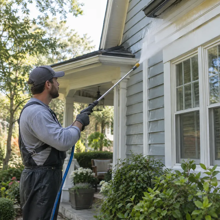 Technician performing Soft Washing on a shaded exterior wall at a College Park - FL home, Specialist performing Soft Washing on exterior trim and siding at a Longwood - FL residential property, Technician performing Soft Washing on siding and trim at a Sanford - FL home using controlled low pressure