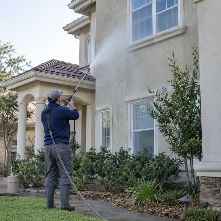 Soft Washing in Doctor Phillips - FL in progress as a technician cleans mildew from stucco siding, Worker performing Soft Washing on a stucco exterior beside a Winter Park - FL driveway, Soft Washing in Belle Isle - FL in progress as a technician cleans mildew from stucco near a driveway