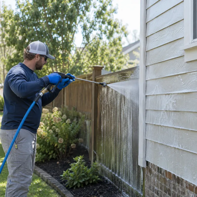 Technician performing Soft Washing on a stained fence beside a Maitland - FL backyard patio, Soft Washing in Winter Springs - FL as a technician rinses mildew from exterior siding