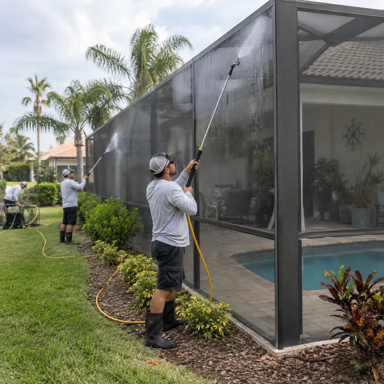 Technician performing Soft Washing on exterior trim beside a Doctor Phillips - FL pool enclosure, Technician performing Soft Washing on exterior trim beside a Windermere - FL pool enclosure, Soft Washing in Oviedo - FL in progress as a technician cleans mildew from a screened lanai wall, Technician performing Soft Washing on a stained patio screen enclosure in Winter Springs - FL