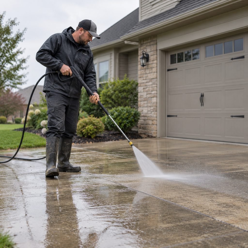 Pressure Washing in Orlando - FL as a technician cleans a stained concrete driveway, Technician pressure washing a stained driveway beside a College Park - FL bungalow, Pressure Washing in Maitland - FL as a technician cleans a stained concrete driveway, Pressure Washing in Windermere - FL as a crew cleans a large paver driveway
