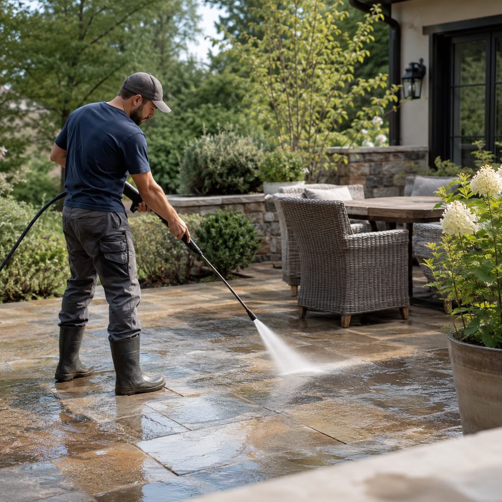 Specialist pressure washing a paver driveway outside a Doctor Phillips - FL residence, Technician pressure washing a paver patio beside a Windermere - FL backyard pool