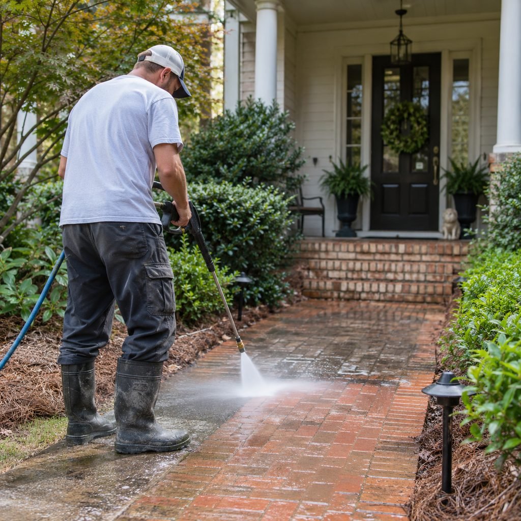 Pressure Washing in College Park - FL as a technician cleans algae from a front walkway, Pressure Washing in Winter Park - FL as a technician cleans a stained brick walkway