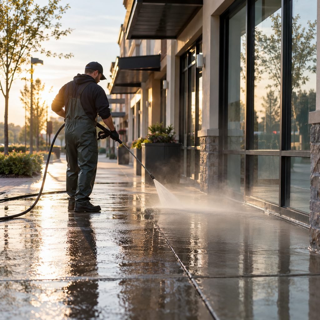 Technician performing pressure washing on a shaded walkway beside a Maitland - FL home