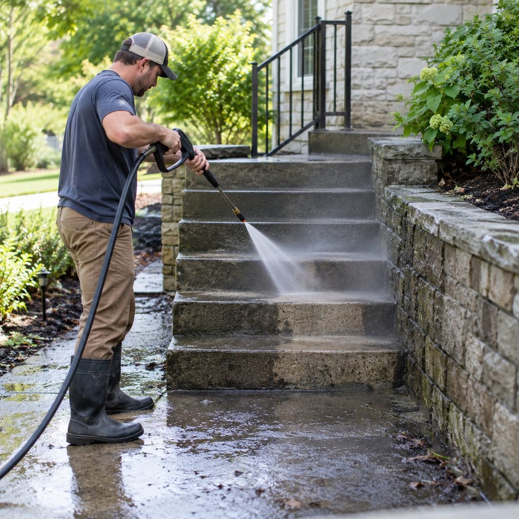 Worker pressure washing concrete steps at a Winter Park - FL home entry